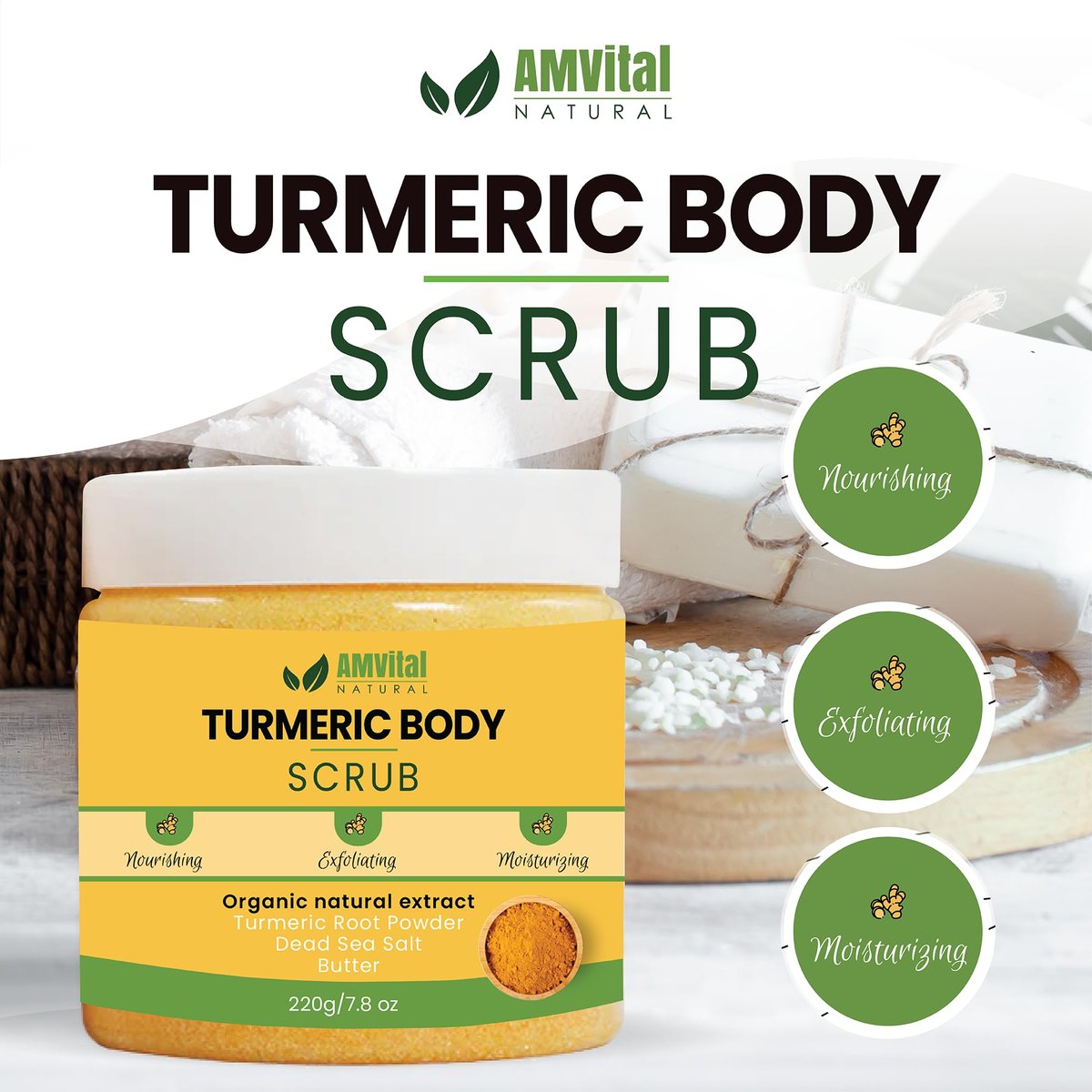 AMVital Turmeric Body Scrub - Handmade Natural Scrub for Body, Face, Hands, and Feet - Suitable for All Skin Types (7.8 oz) - görsel 3