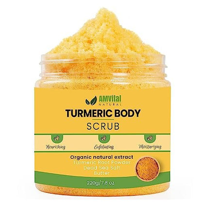 AMVital Turmeric Body Scrub - Handmade Natural Scrub for Body, Face, Hands, and Feet - Suitable for All Skin Types (7.8 oz)