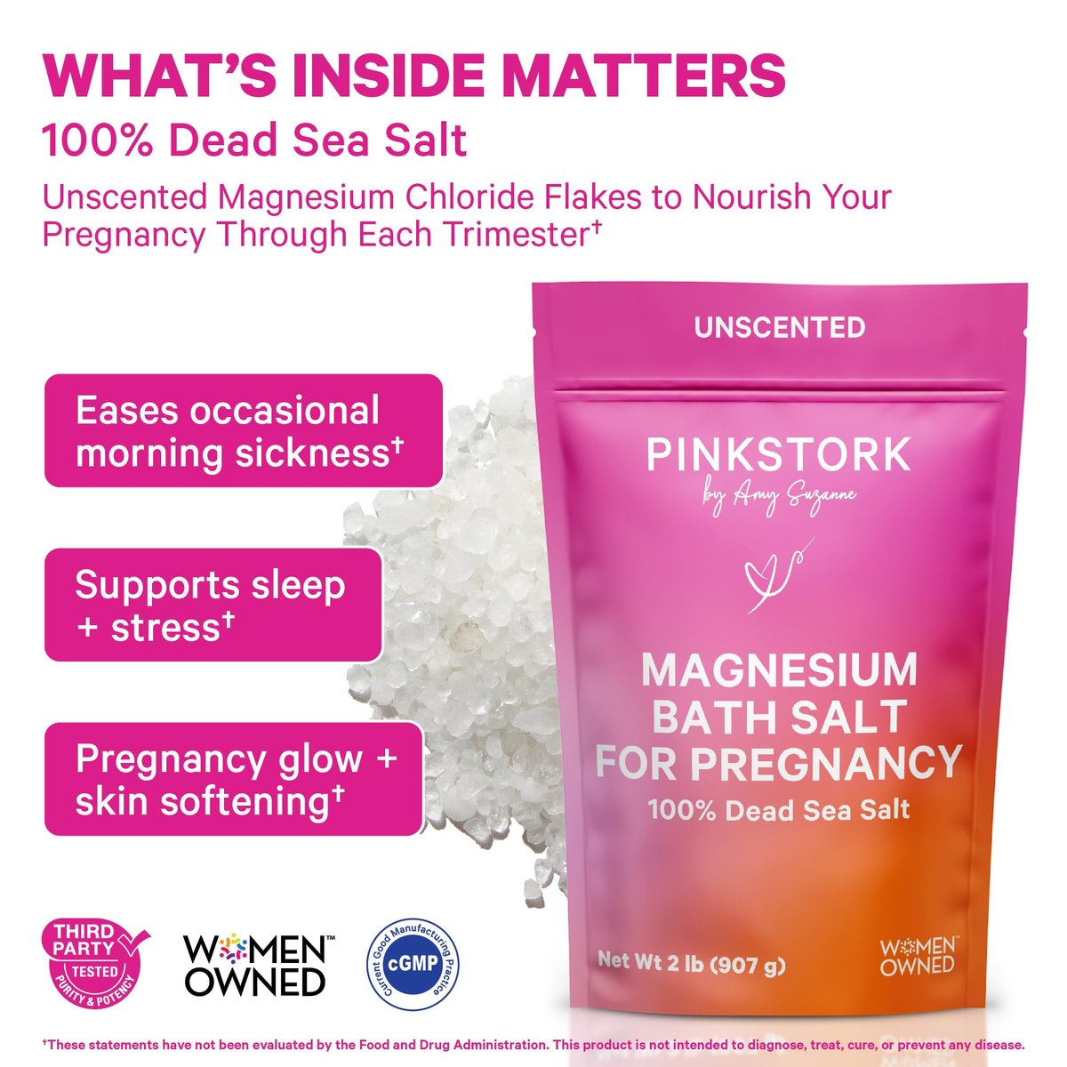 Pink Stork Pregnancy Bath Soak – Unscented Magnesium Flakes & Dead Sea Salt for Pregnancy Aches, Swollen Feet, and Stress Relief – Fragrance-Free – 2 lb Avelisse