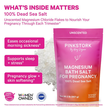 Pink Stork Pregnancy Bath Soak – Unscented Magnesium Flakes & Dead Sea Salt for Pregnancy Aches, Swollen Feet, and Stress Relief – Fragrance-Free – 2 lb Avelisse