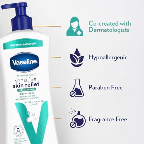 Vaseline Intensive Care Body Lotion 4 Pack Sensitive Skin Relief for Dry Skin with Colloidal Oatmeal and Ultra-Hydrating Lipids, 20.3 oz Each Avelisse