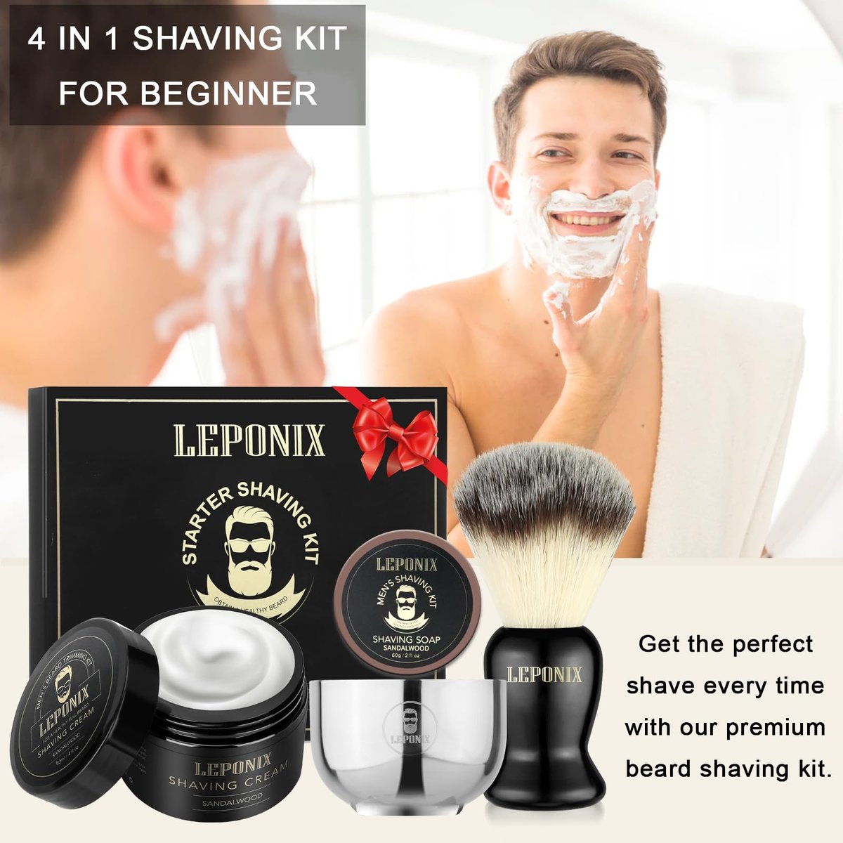 LEPONIX Men's Shaving Kit - Ultimate Secret Santa Gift Set with Shaving Soap, Brush, Cream & Bowl - Premium Aftershave Christmas Gift for Him, Husband, Boyfriend - Grooming Essentials (Black) Avelisse