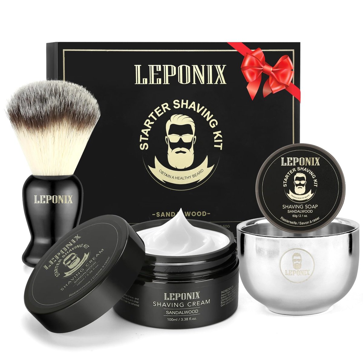 LEPONIX Men's Shaving Kit - Ultimate Secret Santa Gift Set with Shaving Soap, Brush, Cream & Bowl - Premium Aftershave Christmas Gift for Him, Husband, Boyfriend - Grooming Essentials (Black) Avelisse