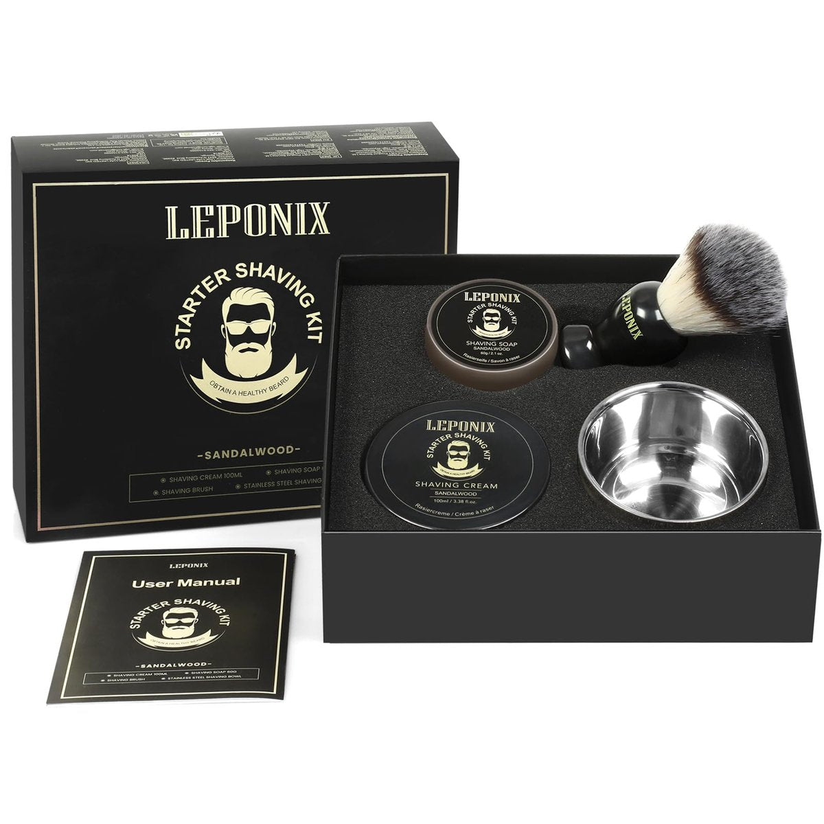 LEPONIX Men's Shaving Kit - Ultimate Secret Santa Gift Set with Shaving Soap, Brush, Cream & Bowl - Premium Aftershave Christmas Gift for Him, Husband, Boyfriend - Grooming Essentials (Black) Avelisse