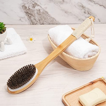 eaxun Bamboo Shower Brush with Curved Long Handle - 16.7 Inch Exfoliating Back Scrubber with Natural Bristles for Men & Women Avelisse