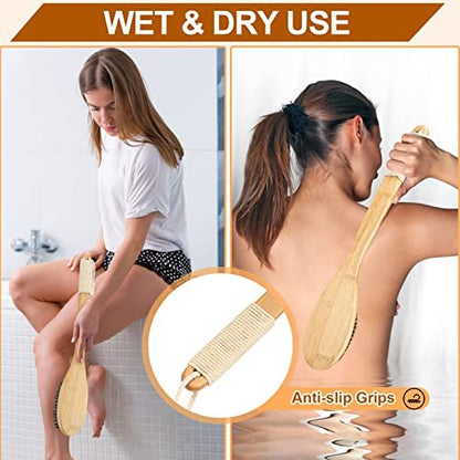 eaxun Bamboo Shower Brush with Curved Long Handle - 16.7 Inch Exfoliating Back Scrubber with Natural Bristles for Men & Women Avelisse