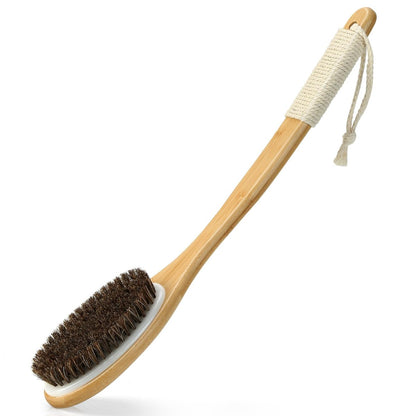 eaxun Bamboo Shower Brush with Curved Long Handle - 16.7 Inch Exfoliating Back Scrubber with Natural Bristles for Men & Women Avelisse