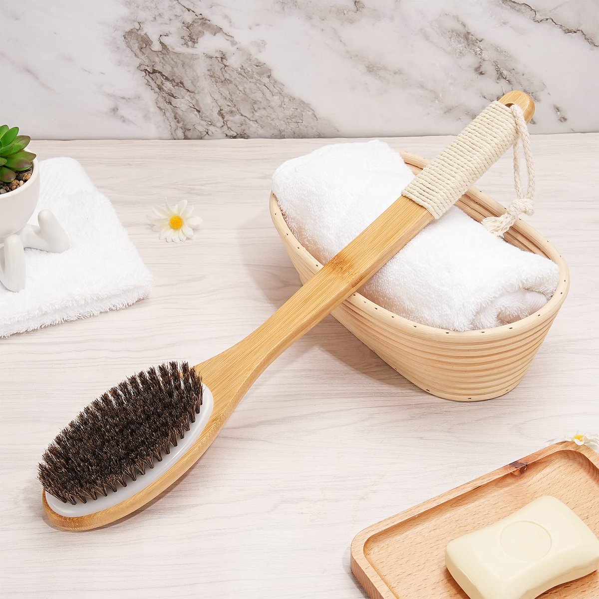 eaxun Bamboo Shower Brush with Curved Long Handle - 16.7 Inch Exfoliating Back Scrubber with Natural Bristles for Men & Women Avelisse