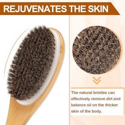 eaxun Bamboo Shower Brush with Curved Long Handle - 16.7 Inch Exfoliating Back Scrubber with Natural Bristles for Men & Women Avelisse