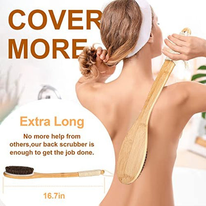 eaxun Bamboo Shower Brush with Curved Long Handle - 16.7 Inch Exfoliating Back Scrubber with Natural Bristles for Men & Women Avelisse