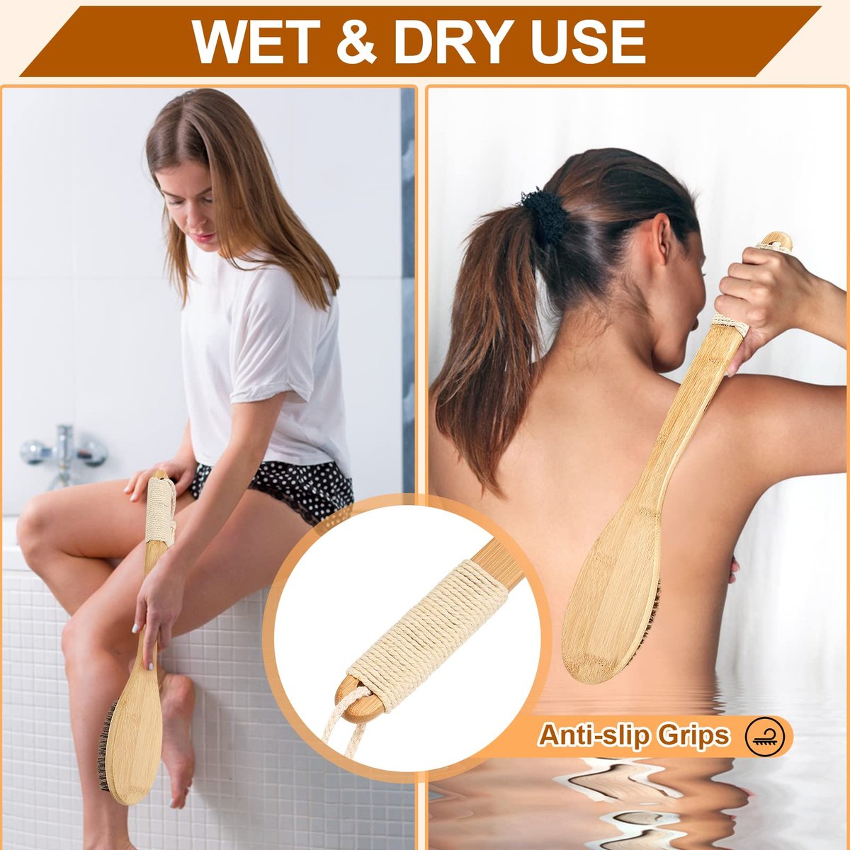 eaxun Bamboo Shower Brush with Curved Long Handle - 16.7 Inch Exfoliating Back Scrubber with Natural Bristles for Men & Women Avelisse