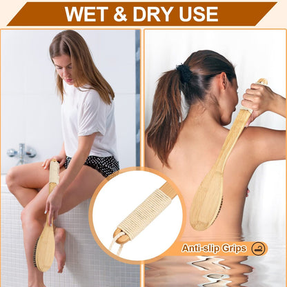 eaxun Bamboo Shower Brush with Curved Long Handle - 16.7 Inch Exfoliating Back Scrubber with Natural Bristles for Men & Women Avelisse