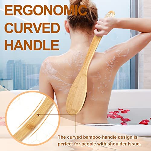 eaxun Bamboo Shower Brush with Curved Long Handle - 16.7 Inch Exfoliating Back Scrubber with Natural Bristles for Men & Women Avelisse