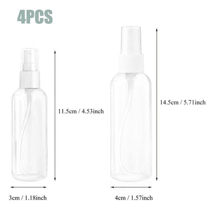 HAALII Small Spray Bottle Set - 2x50ml & 2x100ml Clear Empty Fine Mist Plastic Mini Travel Bottles, Refillable Containers