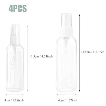 HAALII Small Spray Bottle Set - 2x50ml & 2x100ml Clear Empty Fine Mist Plastic Mini Travel Bottles, Refillable Containers