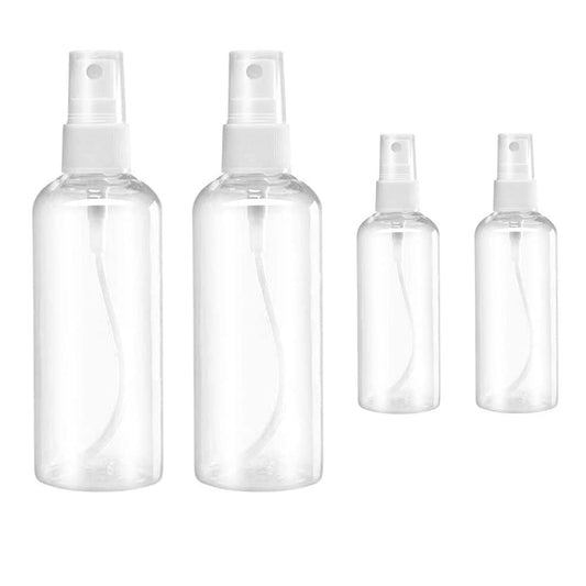 HAALII Small Spray Bottle Set - 2x50ml & 2x100ml Clear Empty Fine Mist Plastic Mini Travel Bottles, Refillable Containers