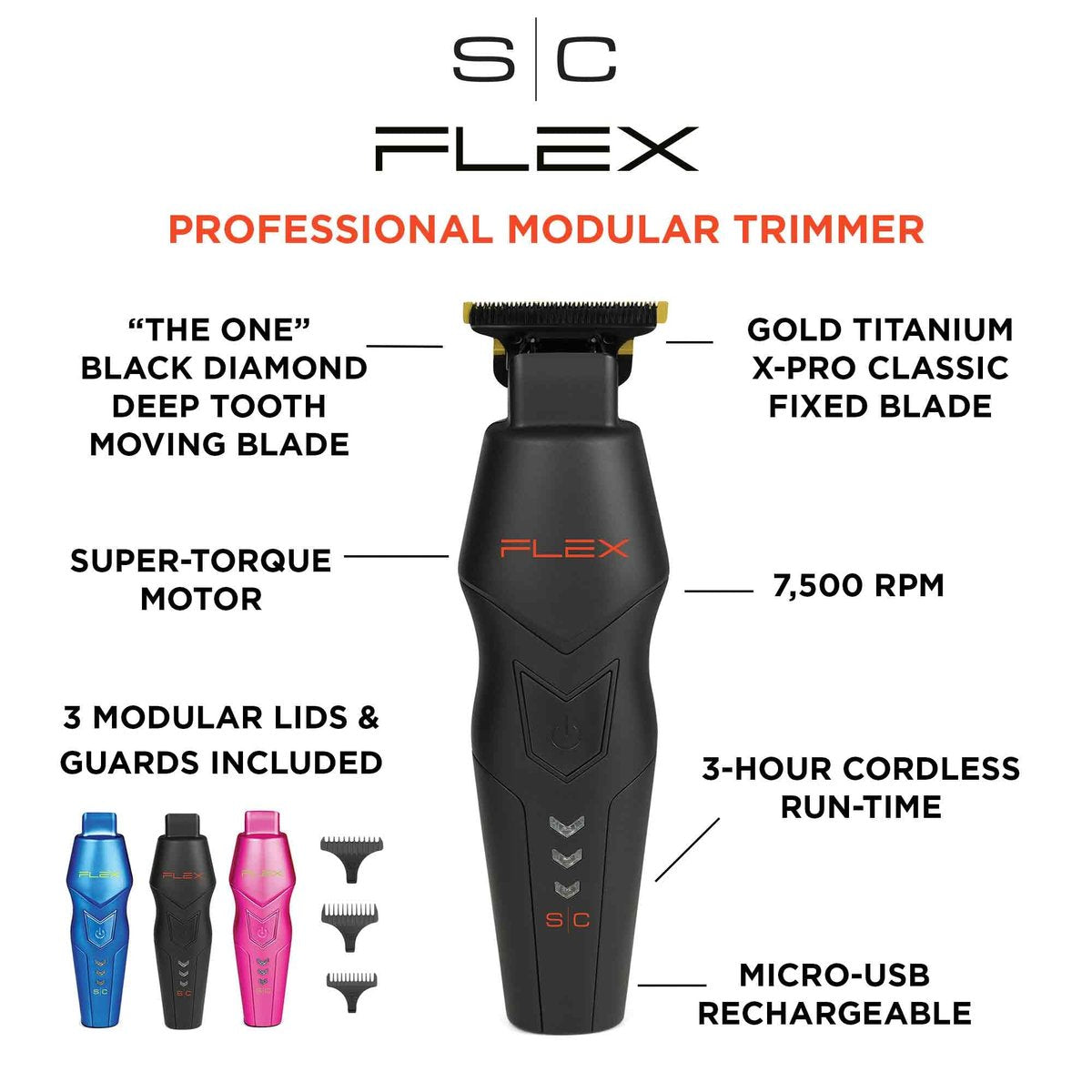 StyleCraft Flex Professional Modular Cordless Hair Trimmer with Super-Torque Motor and 3 Interchangeable Lids Avelisse