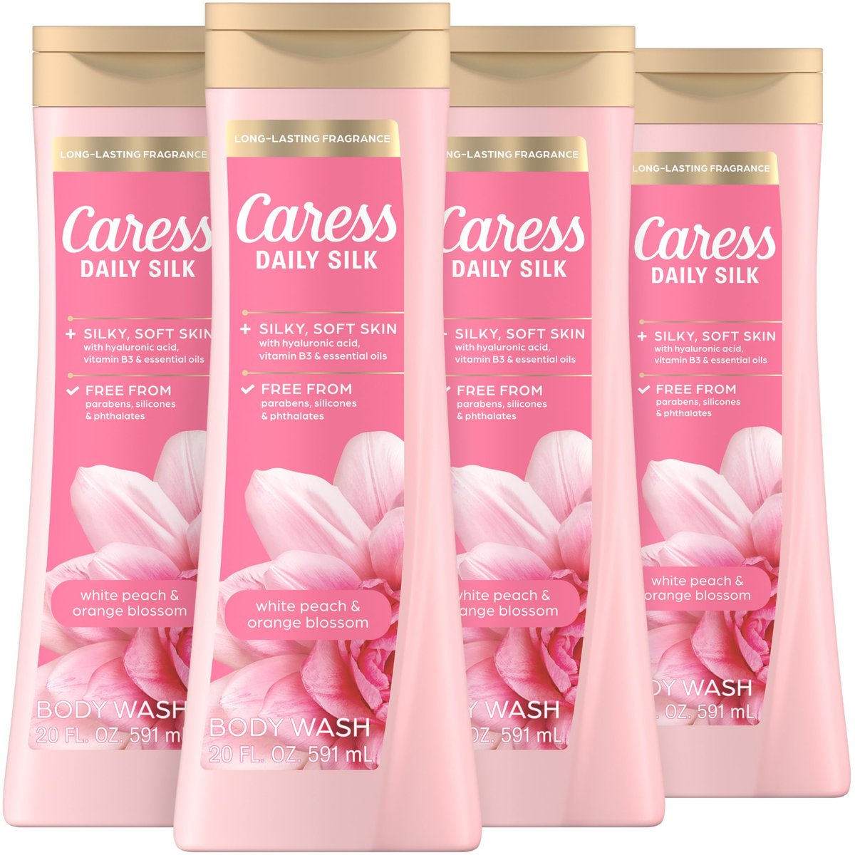Caress Daily Silk Body Wash White Peach & Orange Blossom, 20 fl oz (4-Pack) - Moisturizing Shower Gel for Silky Soft Skin Avelisse