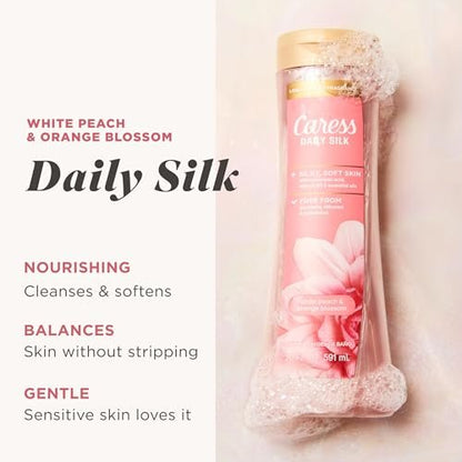 Caress Daily Silk Body Wash White Peach & Orange Blossom, 20 fl oz (4-Pack) - Moisturizing Shower Gel for Silky Soft Skin Avelisse
