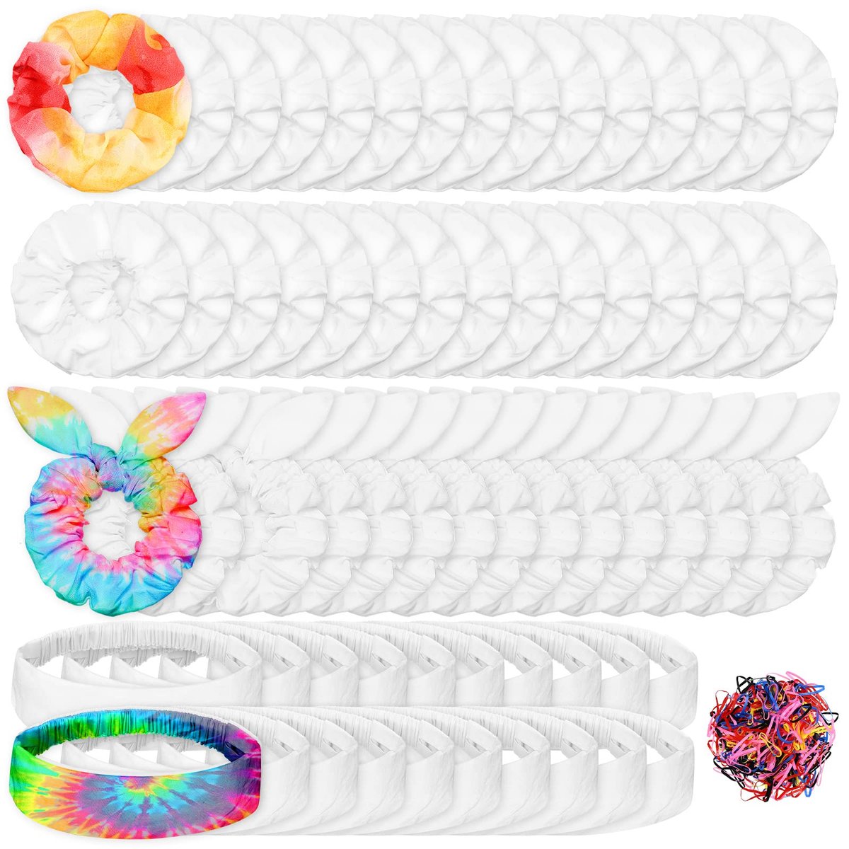 65 Pcs White Cotton Scrunchies Hair Ties Accessories for Tie Dye Party Supplies - Includes 30 Scrunchies, 15 Bow Hair Ties, 20 Headbands - Non-Slip Stretchy Elastic Head Wrap Holder for Women DIY Tie Dye Avelisse