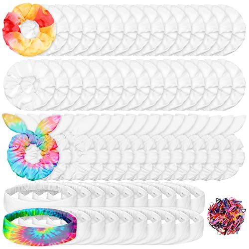 65 Pcs White Cotton Scrunchies Hair Ties Accessories for Tie Dye Party Supplies - Includes 30 Scrunchies, 15 Bow Hair Ties, 20 Headbands - Non-Slip Stretchy Elastic Head Wrap Holder for Women DIY Tie Dye Avelisse