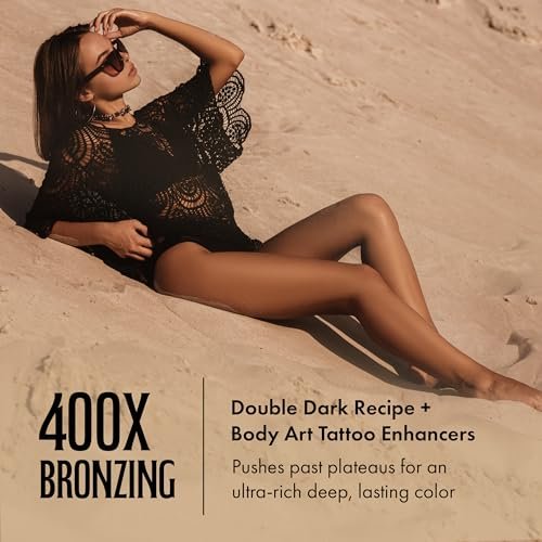 Brown Sugar Dipped in Dark Tanning Lotion - Double Dark 400X Bronzer with Hyaluronic Acid, Collagen & Tattoo Enhancers, 13.5 Fl Oz Avelisse