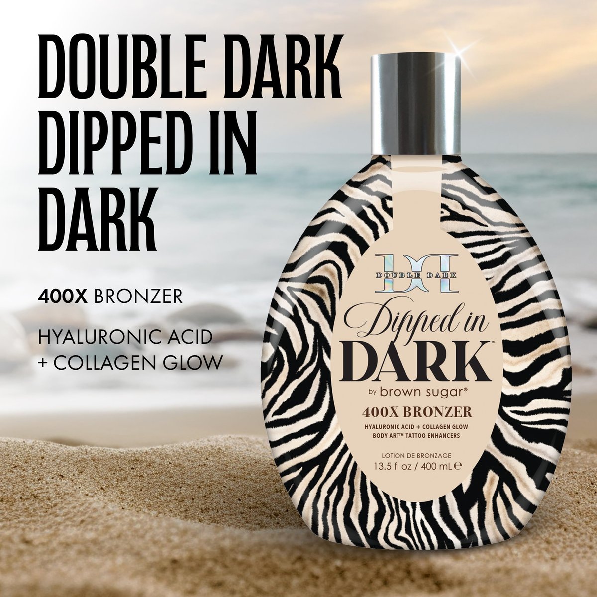 Brown Sugar Dipped in Dark Tanning Lotion - Double Dark 400X Bronzer with Hyaluronic Acid, Collagen & Tattoo Enhancers, 13.5 Fl Oz Avelisse