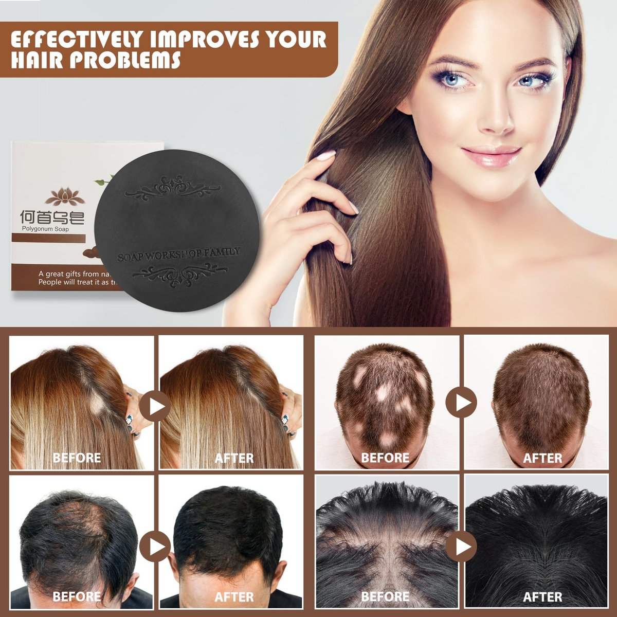 Fallopia Multiflora Shampoo Bar 3-Pack for Black & Thick Hair - He Shou Wu Shampoo Soap, Deeply Cleanses Scalp & Hair, Promotes Growth, Prevents Hair Loss - görsel 11