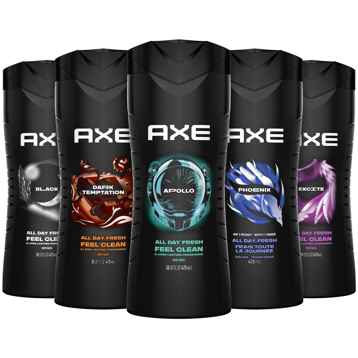AXE Men's 3-in-1 Face, Body Wash & Shampoo Variety 5-Pack (Apollo, Dark Temptation, Black, Excite, Phoenix) 12 Hour Invigorating Scents, 16 Fl Oz Each Avelisse