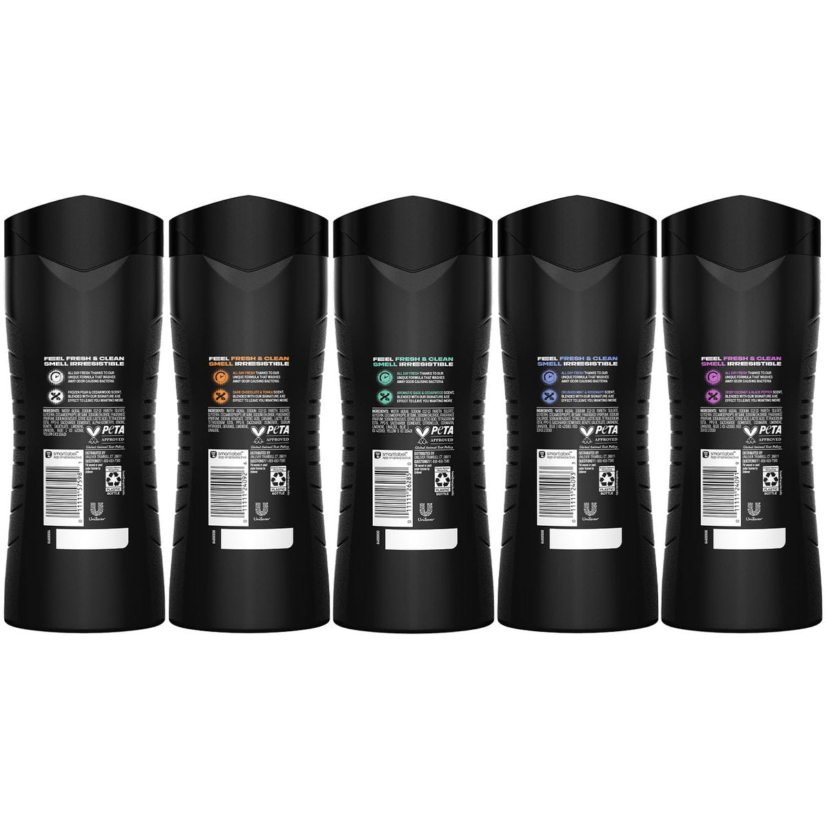 AXE Men's 3-in-1 Face, Body Wash & Shampoo Variety 5-Pack (Apollo, Dark Temptation, Black, Excite, Phoenix) 12 Hour Invigorating Scents, 16 Fl Oz Each Avelisse