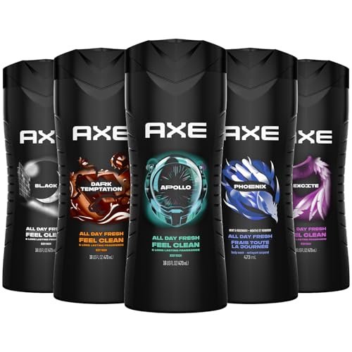 AXE Men's 3-in-1 Face, Body Wash & Shampoo Variety 5-Pack (Apollo, Dark Temptation, Black, Excite, Phoenix) 12 Hour Invigorating Scents, 16 Fl Oz Each Avelisse