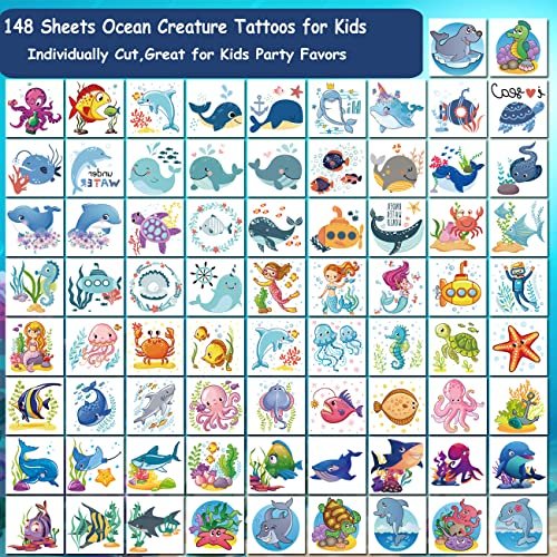 CHARLENT 148 PCS Ocean Animals Temporary Tattoos for Kids - Sea Creature Individual Tattoos for Boys Girls Ocean Birthday Party Favors Goodie Bag Fillers - görsel 6