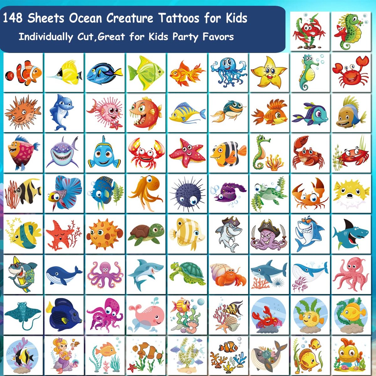 CHARLENT 148 PCS Ocean Animals Temporary Tattoos for Kids - Sea Creature Individual Tattoos for Boys Girls Ocean Birthday Party Favors Goodie Bag Fillers - görsel 3