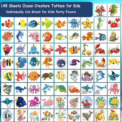 CHARLENT 148 PCS Ocean Animals Temporary Tattoos for Kids - Sea Creature Individual Tattoos for Boys Girls Ocean Birthday Party Favors Goodie Bag Fillers