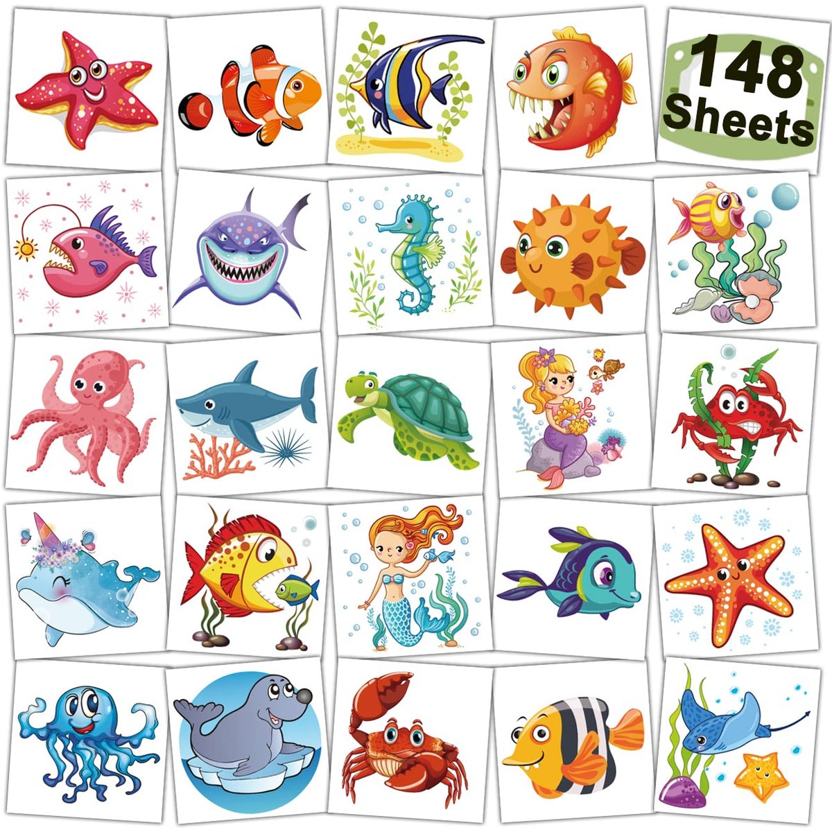 CHARLENT 148 PCS Ocean Animals Temporary Tattoos for Kids - Sea Creature Individual Tattoos for Boys Girls Ocean Birthday Party Favors Goodie Bag Fillers - görsel 1