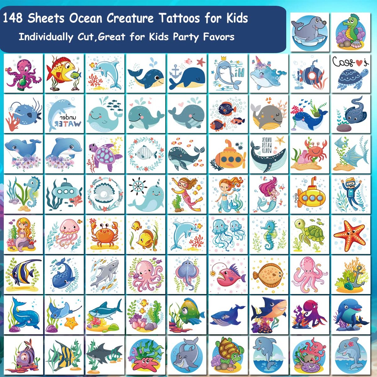 CHARLENT 148 PCS Ocean Animals Temporary Tattoos for Kids - Sea Creature Individual Tattoos for Boys Girls Ocean Birthday Party Favors Goodie Bag Fillers - görsel 5