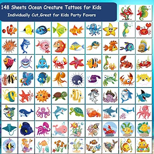 CHARLENT 148 PCS Ocean Animals Temporary Tattoos for Kids - Sea Creature Individual Tattoos for Boys Girls Ocean Birthday Party Favors Goodie Bag Fillers - görsel 4