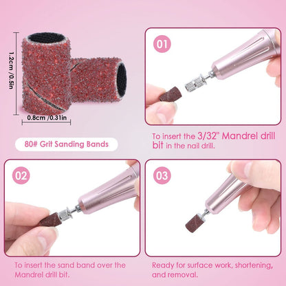 ANBEISTEE 210-Piece Sanding Bands Nail Drill Bits Set - #80 #120 #180 Grits, 3/32" Mandrel, Stainless Steel, for Acrylic Nails, Manicures & Pedicures