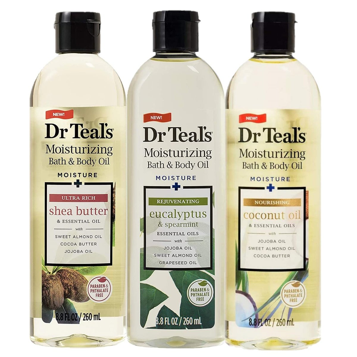 Dr. Teal's Bath & Body Oil Variety Gift Set (3 Pack, 8.8 oz Each) - Rejuvenating Eucalyptus, Ultra Rich Shea Butter, & Nourishing Coconut Oil - Essential Oils Hydrate Skin & Alleviate Stress Avelisse
