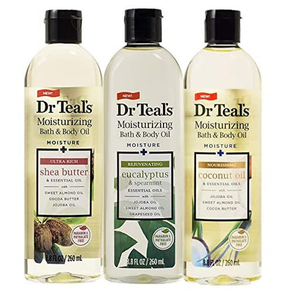 Dr. Teal's Bath & Body Oil Variety Gift Set (3 Pack, 8.8 oz Each) - Rejuvenating Eucalyptus, Ultra Rich Shea Butter, & Nourishing Coconut Oil - Essential Oils Hydrate Skin & Alleviate Stress Avelisse