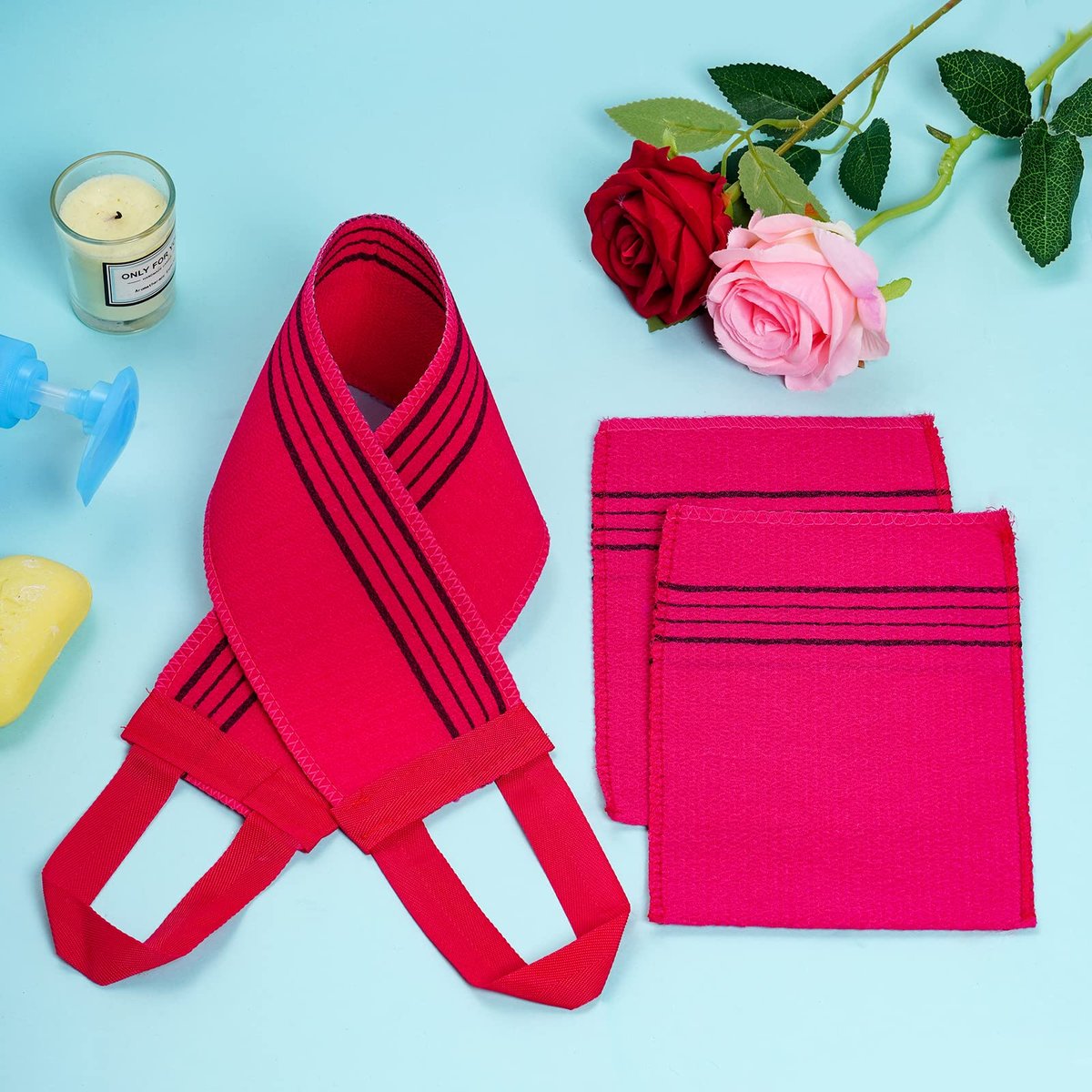 6-Piece Korean Exfoliating Mitts & Washcloth Set – Green, Yellow, Rose Red - görsel 9