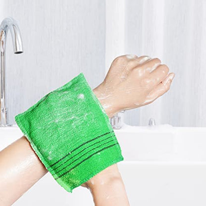 6-Piece Korean Exfoliating Mitts & Washcloth Set – Green, Yellow, Rose Red