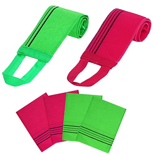 6-Piece Korean Exfoliating Mitts & Washcloth Set – Green, Yellow, Rose Red - görsel 2