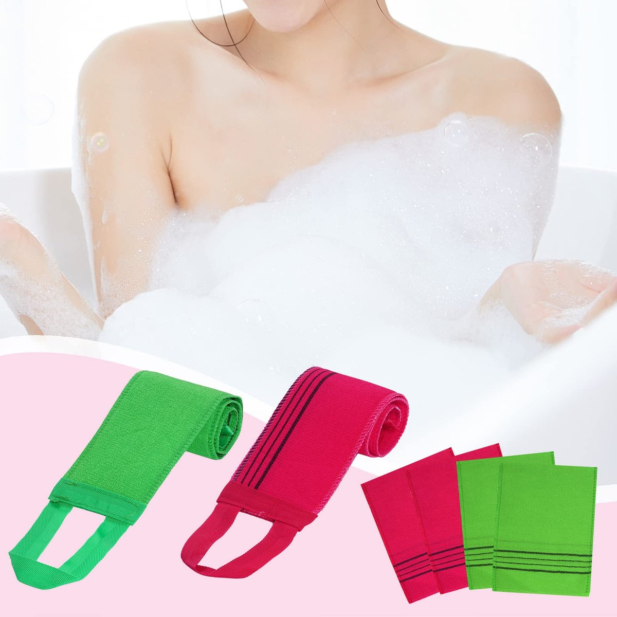 6-Piece Korean Exfoliating Mitts & Washcloth Set – Green, Yellow, Rose Red - görsel 11