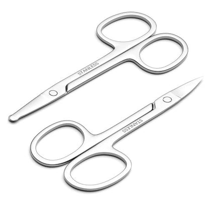 Precision Facial Hair Scissors Set – Curved & Rounded Safety Tip for Beard, Nose, Eyebrow, and Ear Trimming – Stainless Steel, 2-Pack