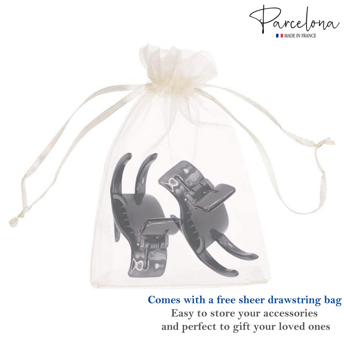 Parcelona French 3 Teeth Black Celluloid Acetate Set of 2 Fish Style Ponytail Holder Strong Grip Jaw Hair Claw Clip Clamps for Women - görsel 13