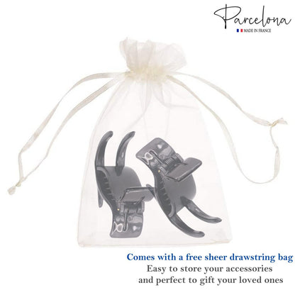 Parcelona French 3 Teeth Black Celluloid Acetate Set of 2 Fish Style Ponytail Holder Strong Grip Jaw Hair Claw Clip Clamps for Women