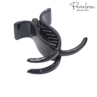 Parcelona French 3 Teeth Black Celluloid Acetate Set of 2 Fish Style Ponytail Holder Strong Grip Jaw Hair Claw Clip Clamps for Women