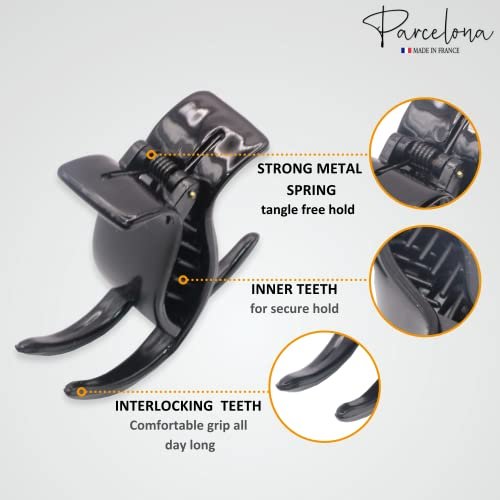 Parcelona French 3 Teeth Black Celluloid Acetate Set of 2 Fish Style Ponytail Holder Strong Grip Jaw Hair Claw Clip Clamps for Women - görsel 6