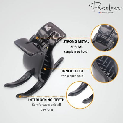 Parcelona French 3 Teeth Black Celluloid Acetate Set of 2 Fish Style Ponytail Holder Strong Grip Jaw Hair Claw Clip Clamps for Women
